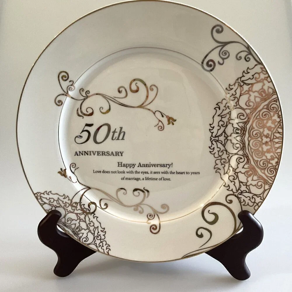 50TH ANNIVERSARY WEDDING PLATE, PORCELAIN GOLD PLATE WITH STAND 10 INCH